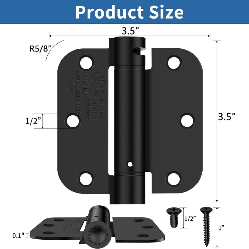 IOQ 3.5 Inch Self Closing Door Hinges, 5/8" Radius Corners Spring Loaded Hinges for Interior Door, Bedroom, Pantry Door, UL Listed, for Left and Right Hand Door, Matte Black, 4 Pack - Image 2